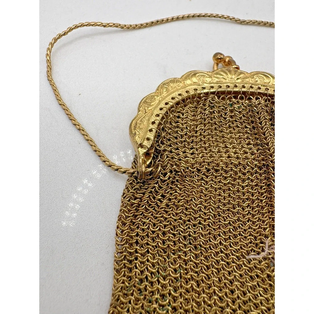 Antique Gilt Chainmail Mesh Coin Purse Evening Bag Vintage Kiss Lock 1940s Gold